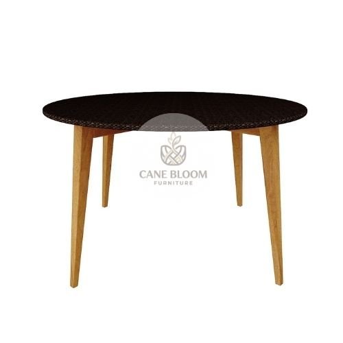 Round Outdoor Dining Table with Woven Top & Teak Wood Legs