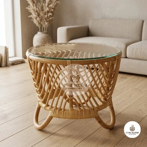 Round Natural Cane Coffee Table with Tempered Glass Top