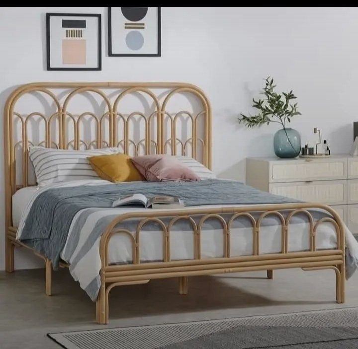 Natural Cane Bed Frame with Arched Headboard and Footboard