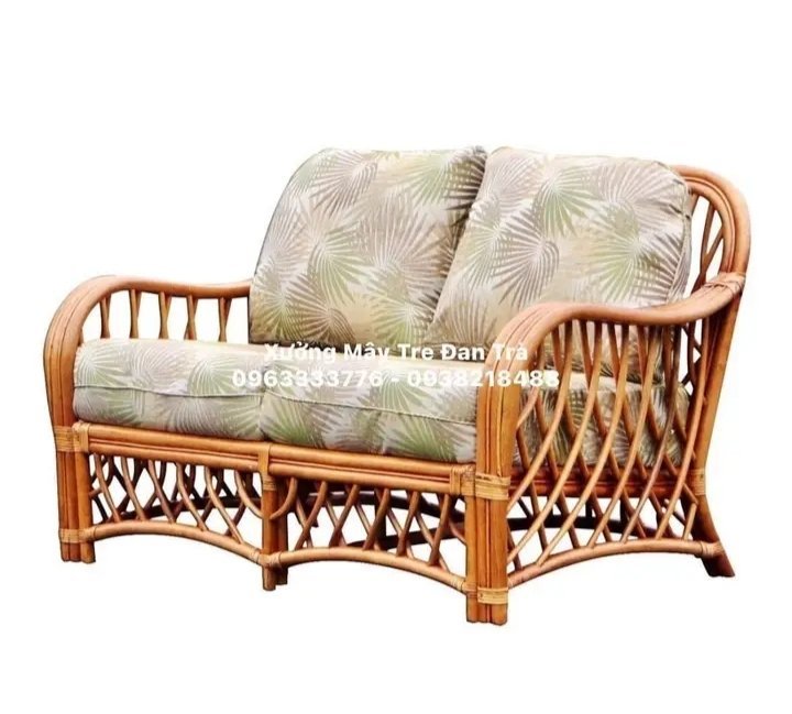 Natural Cane 2-Seater Loveseat Sofa with Botanical Print Cushions