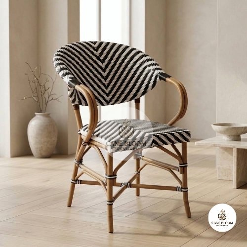 Stackable French Bistro Cane Chair in Black and White Chevron Weave