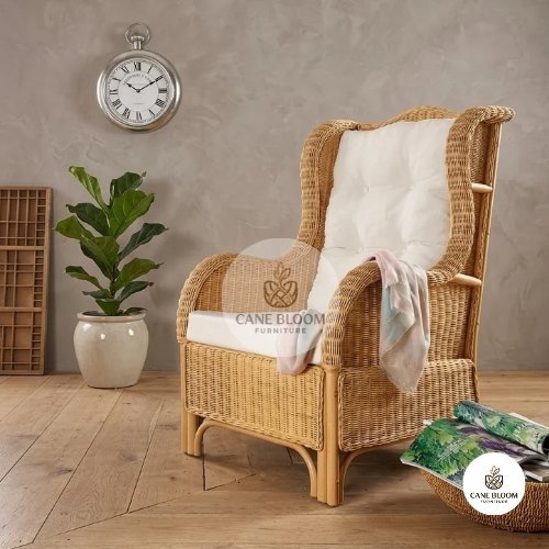 Cane Wingback Easy Chair with Tufted Cushion