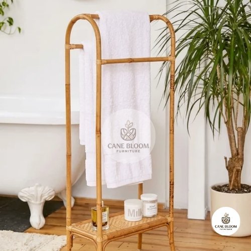 Freestanding Cane Bathroom Towel Rack with Storage Shelf