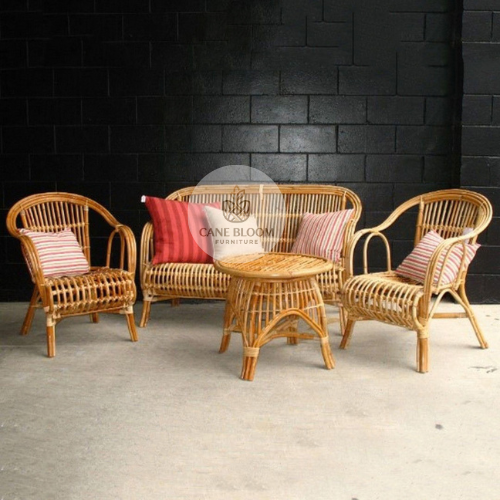 Classic Natural Cane Sofa Set with Matching Round Coffee Table