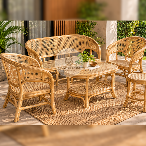 Premium Handcrafted Cane Sofa Set with Woven Coffee Table