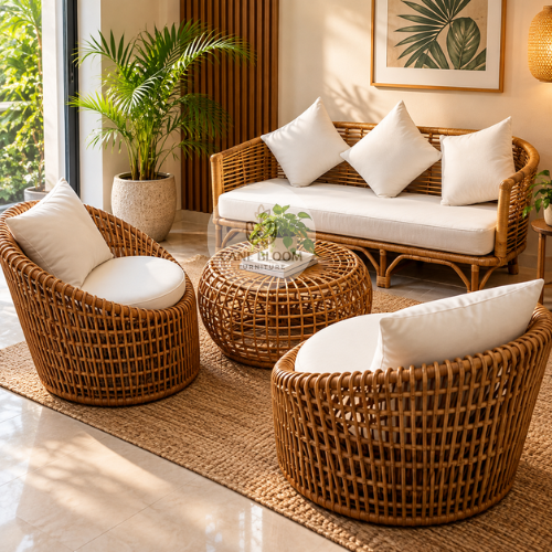 Natural Cane Sofa Set with Round Woven Coffee Table