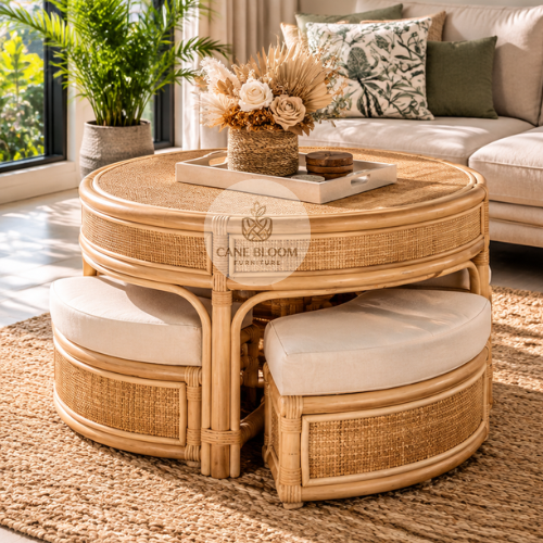 Round Cane Coffee Table with Matching Cushioned Stools
