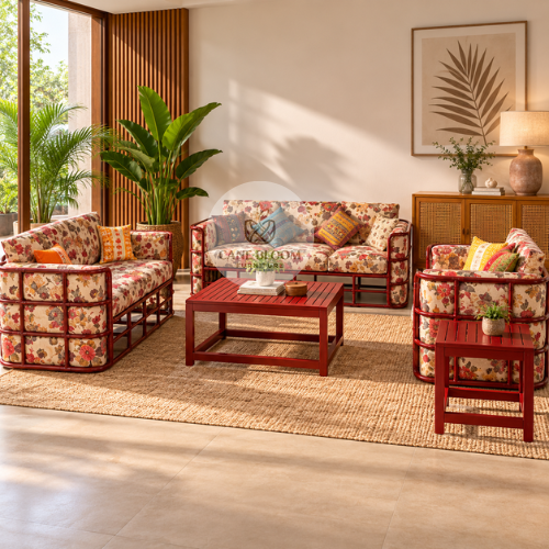 Handcrafted Cane Sofa Set with Floral Cushions