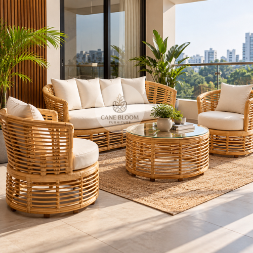 Premium Natural Cane Sofa Set with Round Coffee Table