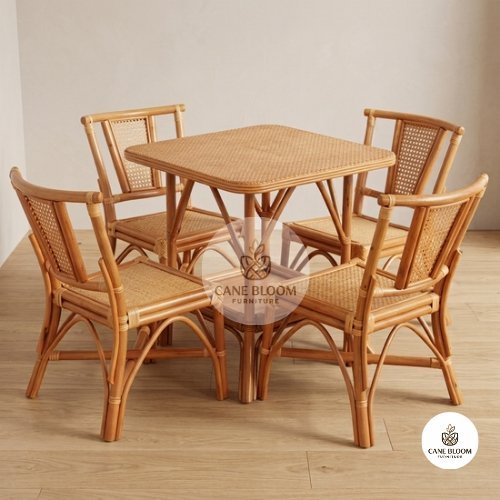 Natural Cane Square Dining Table with 4 Woven-Back Chairs