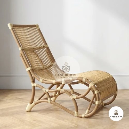 Natural Cane Chaise Lounge Chair with Attached Footrest