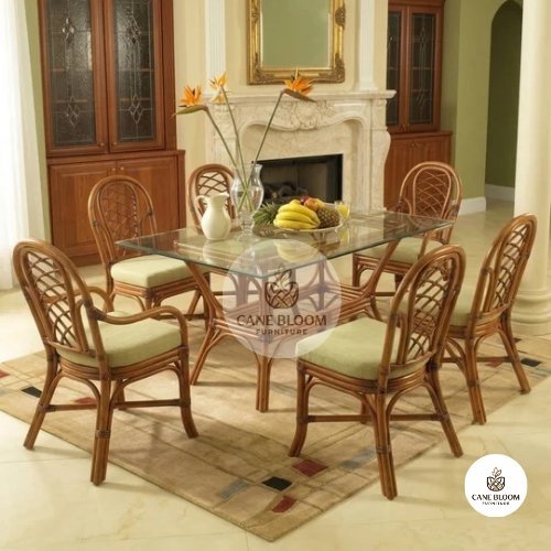 Rattan 6-Seater Rectangular Dining Set with Glass Top and Cushioned Chairs