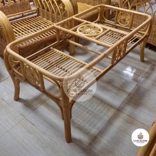 Cane Coffee Table with Carved Floral Medallion Panels