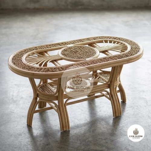Small Oval Cane Side Table with Intricate Woven Top
