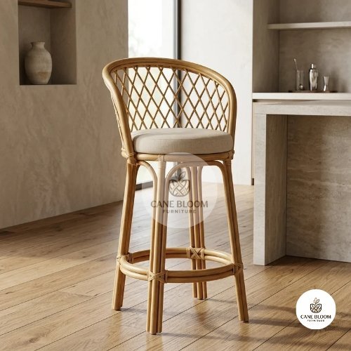Cane Counter-Height Bar Stool with Cushioned Seat