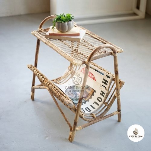 Cane Side Table with Built-In Magazine Rack