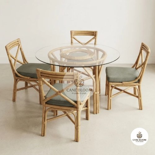 Round Glass-Top Cane Dining Table with 4 Cross-Back Cushioned Chairs