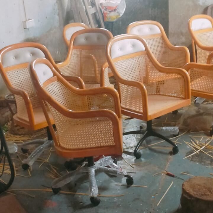 Cane Swivel Office Chair with Casters and Cushioned Seat
