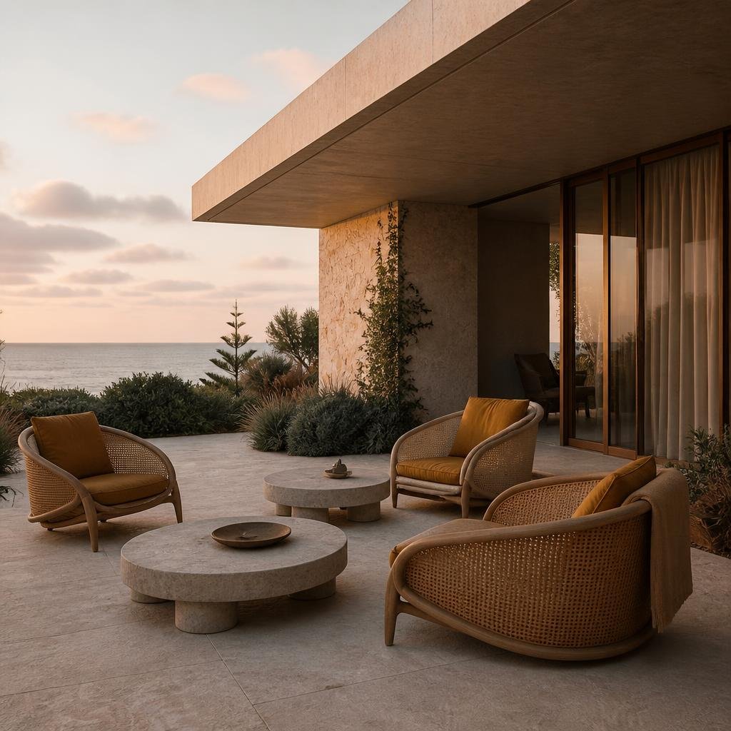 Outdoor furniture on a shaded patio